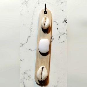 NEW Handcrafted Faux Beigewood Charm Pendant! Genuine White Jade & Cowries. 5x1"